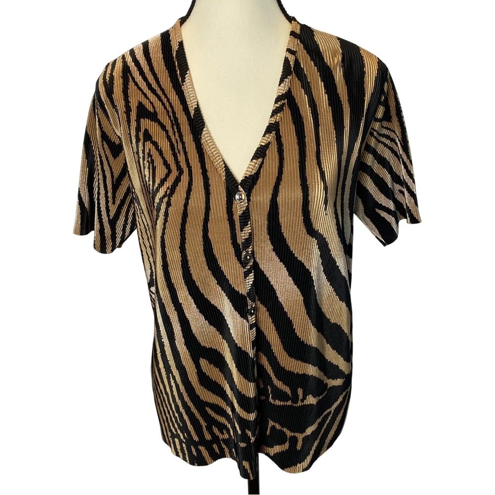 Vintage 90s Y2K Plisse Pleated Zebra Animal Print Top Blouse Large Ribbed‎ Retro